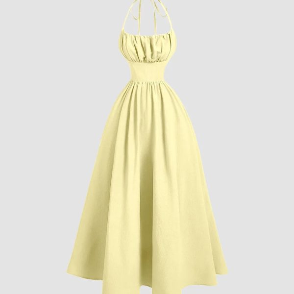 Back Tie Halter Neck Gathered Midi Dress in French Vanilla