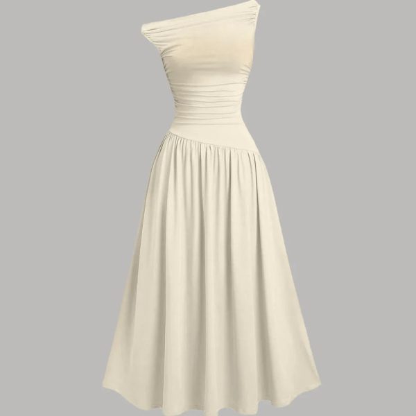 Beige Off-Shoulder Fit & Flare Midi Dress
