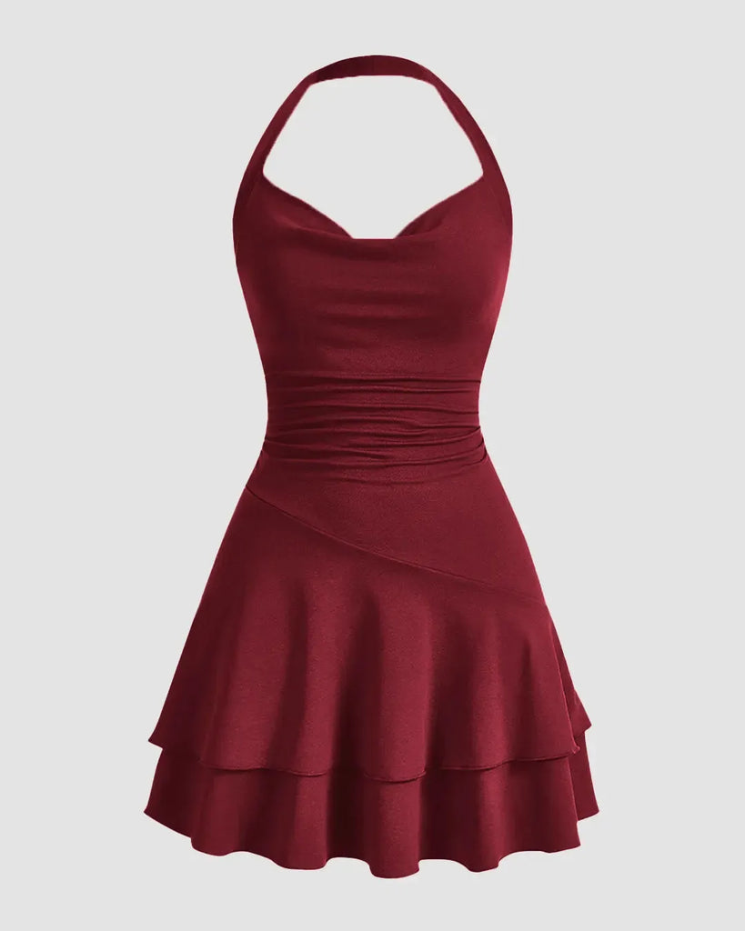 Halter Neck Double Layer Women's Slim Fit Mini Dress In Maroon - Image 1