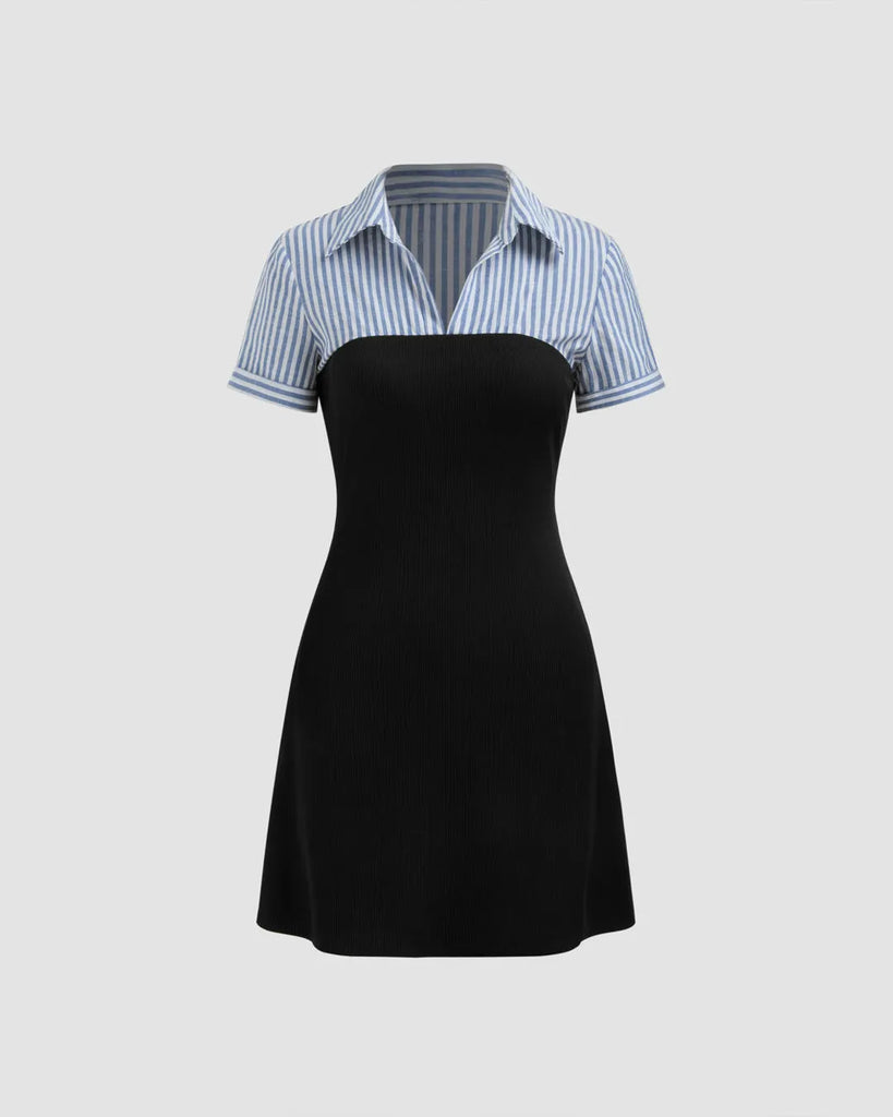 Striped_Blue_Shirt_Collar_Contrast_Black_Mini_Dress_1024x1024.jpg Striped Blue Shirt Collar Contrast Black Mini Dress - Image 1